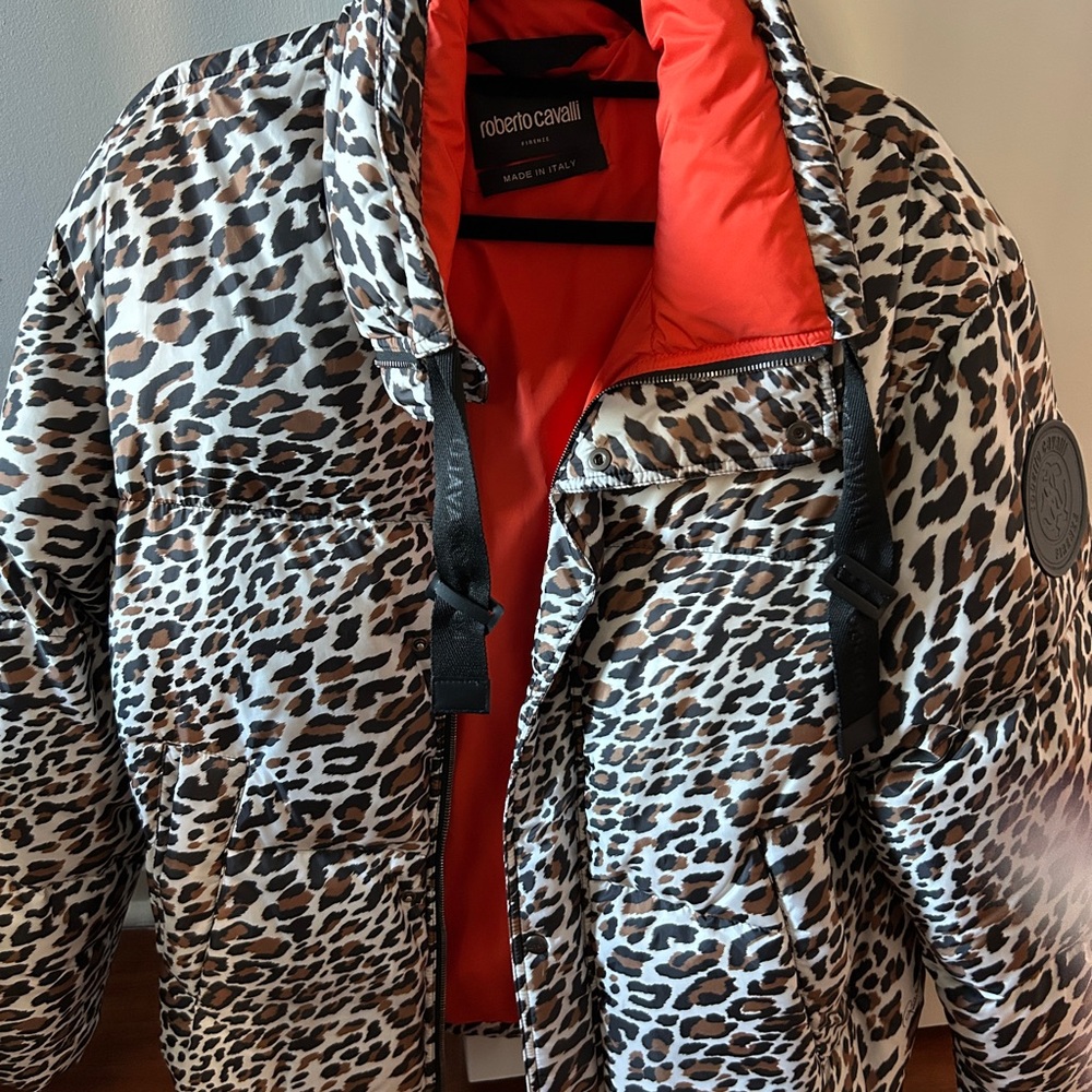 Roberto Cavalli Leopard Print Bomber Jacket with Red Lining
